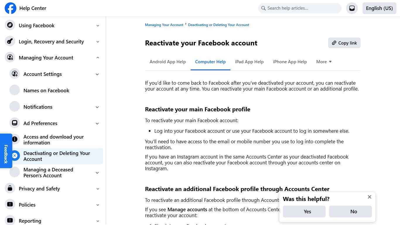 Reactivate your Facebook account | Facebook Help Center