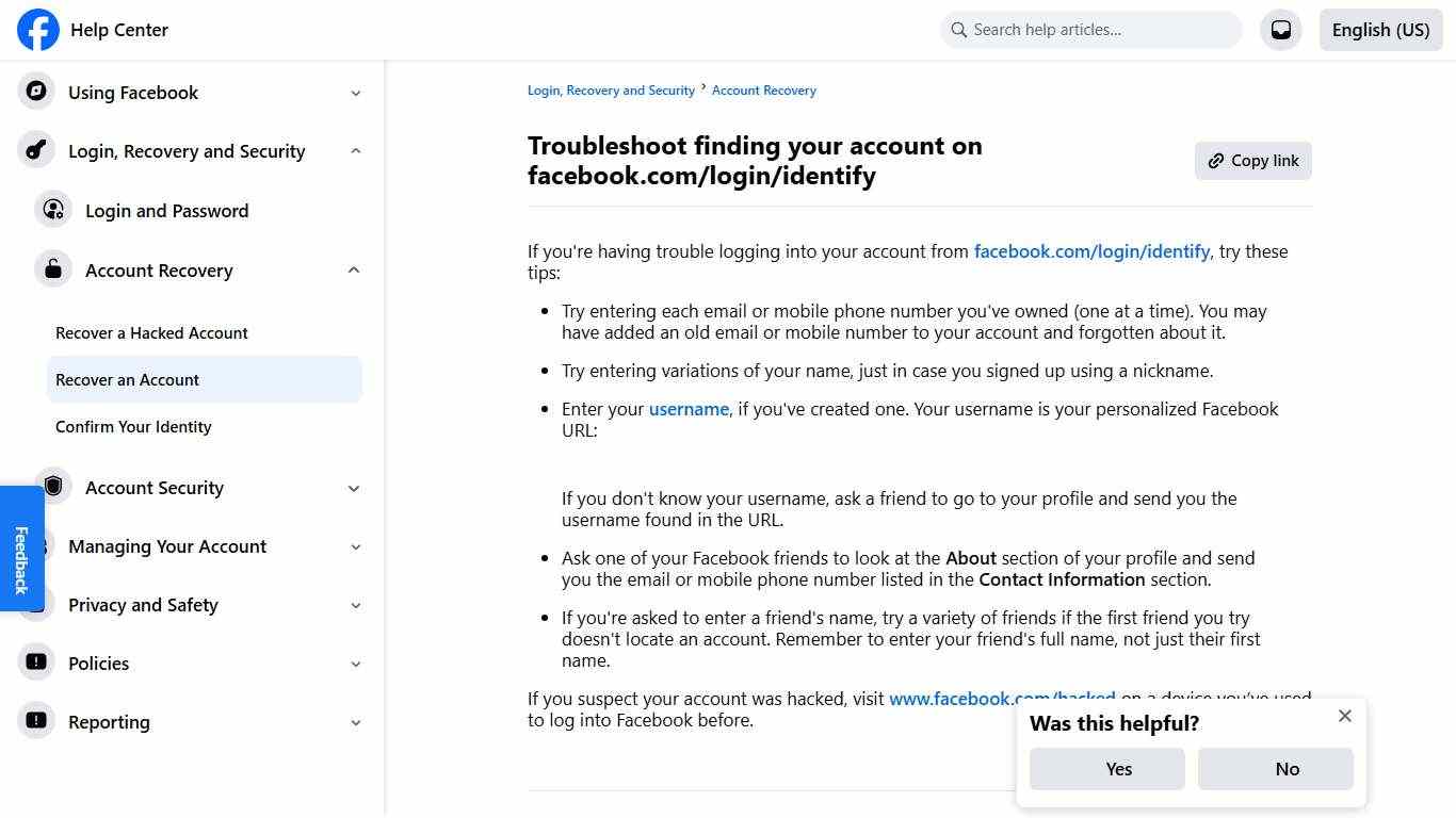 Troubleshoot finding your account on facebook.com/login/identify | Facebook Help Center