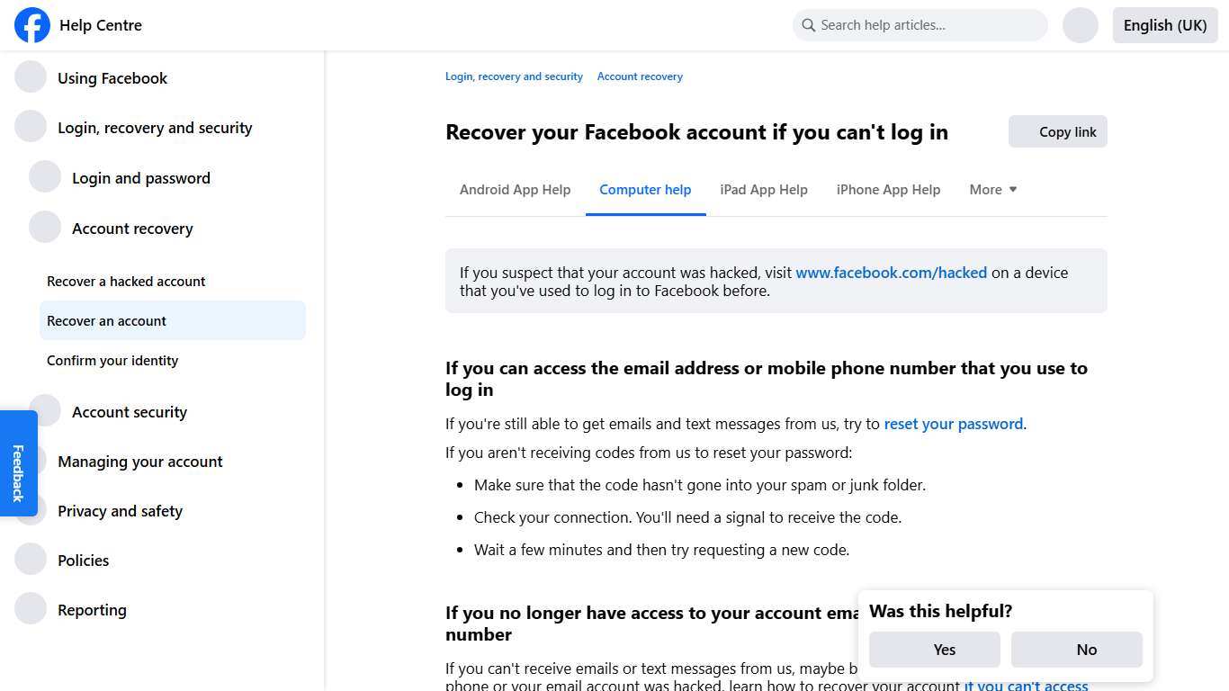 Recover your Facebook account if you can't log in | Facebook Help Centre